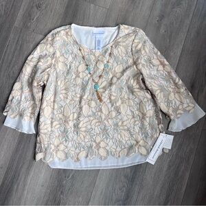 Alfred Dunner Floral Lace Top - Cream and Blue